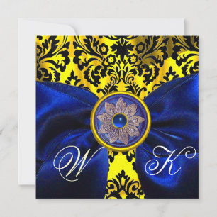 INVITATION RUBAN BLEU OR JAUNE NOIR DAMAS MONOGRAMME