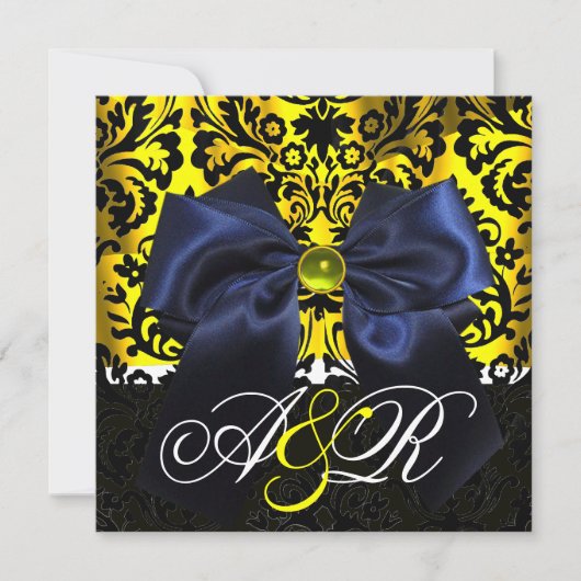 INVITATION RUBAN BLEU OR JAUNE NOIR DAMAS MONOGRAMME (Devant)