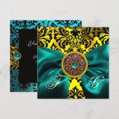 INVITATION RUBAN BLEU OR JAUNE NOIR DAMAS MONOGRAMME (Devant / Derrière)
