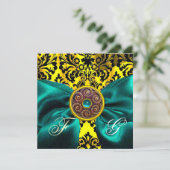 INVITATION RUBAN BLEU OR JAUNE NOIR DAMAS MONOGRAMME (Debout devant)