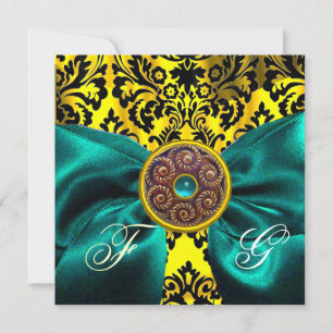 INVITATION RUBAN BLEU OR JAUNE NOIR DAMAS MONOGRAMME