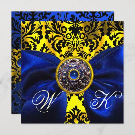 INVITATION RUBAN BLEU OR JAUNE  NOIR  DAMAS MONOGRAMME (Devant / Derrière)