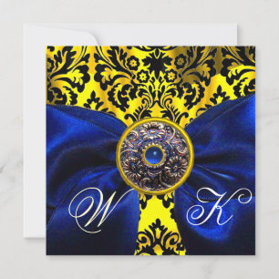 INVITATION RUBAN BLEU OR JAUNE NOIR DAMAS MONOGRAMME