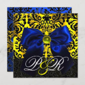 INVITATION RUBAN BLEU OR JAUNE  NOIR  DAMAS MONOGRAMME (Devant / Derrière)