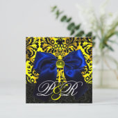 INVITATION RUBAN BLEU OR JAUNE  NOIR  DAMAS MONOGRAMME (Debout devant)