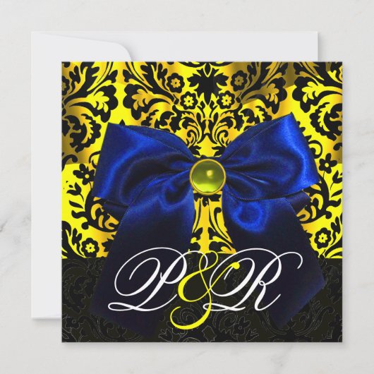 INVITATION RUBAN BLEU OR JAUNE  NOIR  DAMAS MONOGRAMME (Devant)