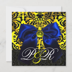INVITATION RUBAN BLEU OR JAUNE NOIR DAMAS MONOGRAMME