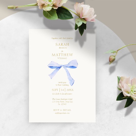 Invitation Ruban bleu simple | Mariage blanc désactivé