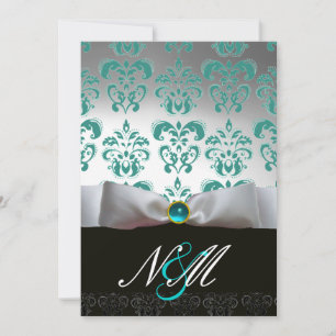 INVITATION RUBAN BLEU TURQUOISE BLANC MONOGRAMME EN DAMAS NO