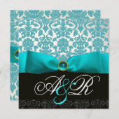 INVITATION RUBAN BLEU TURQUOISE BLANC NOIR  DAMAS MONOGRAMME (Devant / Derrière)