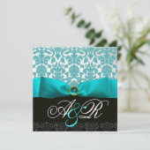 INVITATION RUBAN BLEU TURQUOISE BLANC NOIR  DAMAS MONOGRAMME (Debout devant)