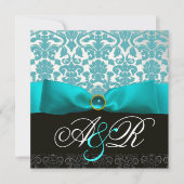 INVITATION RUBAN BLEU TURQUOISE BLANC NOIR DAMAS MONOGRAMME (Devant)