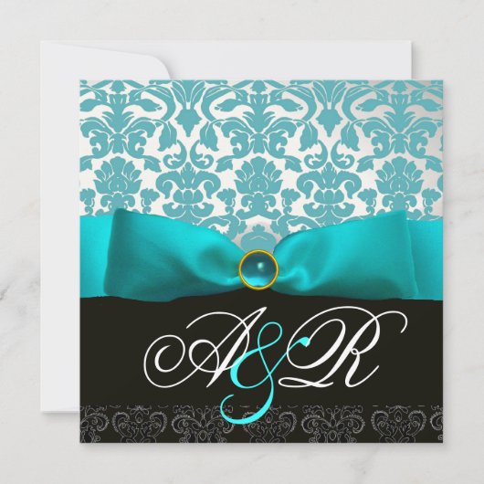 INVITATION RUBAN BLEU TURQUOISE BLANC NOIR  DAMAS MONOGRAMME (Devant)