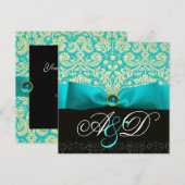 INVITATION RUBAN BLEU TURQUOISE BLANC NOIR DAMASQUE MONOGRAMM (Devant / Derrière)