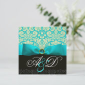 INVITATION RUBAN BLEU TURQUOISE BLANC NOIR DAMASQUE MONOGRAMM (Debout devant)