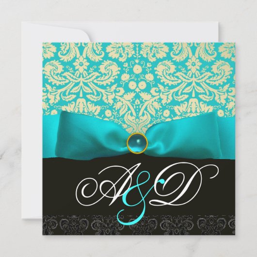INVITATION RUBAN BLEU TURQUOISE BLANC NOIR DAMASQUE MONOGRAMM (Devant)