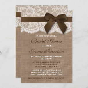 Invitation Ruban Brown Sur Burlap & Fête des mariées Dentelle