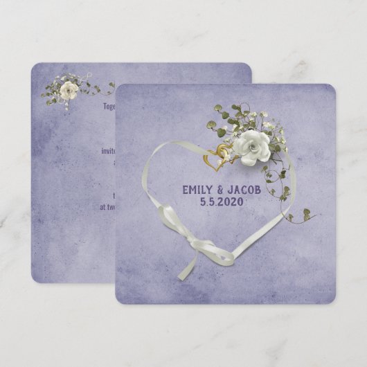 Invitation Ruban coeur mariage et anneaux avec bouquet de ros (Devant / Derrière)