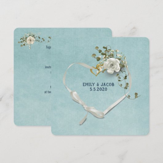 Invitation Ruban coeur mariage et anneaux avec bouquet de ros (Devant / Derrière)