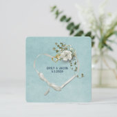 Invitation Ruban coeur mariage et anneaux avec bouquet de ros (Debout devant)