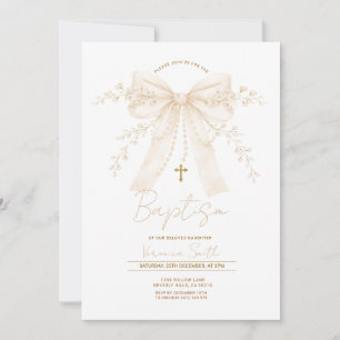 Invitation Ruban crème neutre Croix Baptême Christening