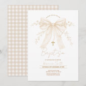 Invitation Ruban crème neutre Croix Baptême Christening (Devant / Derrière)