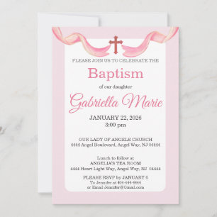 Invitation Ruban croisé rose et blanc aquarelle baptême