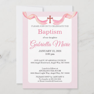 Invitation Ruban croisé rose et blanc aquarelle baptême