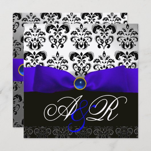 INVITATION RUBAN DAMASSÉ MONOGRAMME BLANC NOIR SAPPHIR BLEU (Devant / Derrière)