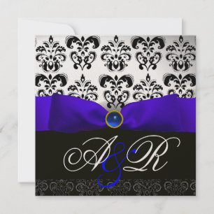 INVITATION RUBAN DAMASSÉ MONOGRAMME BLEU SAPHIR BLANC NOIR