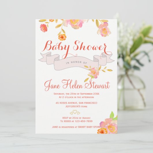 Invitation Ruban d'aquarelle rouge corail (Debout devant)