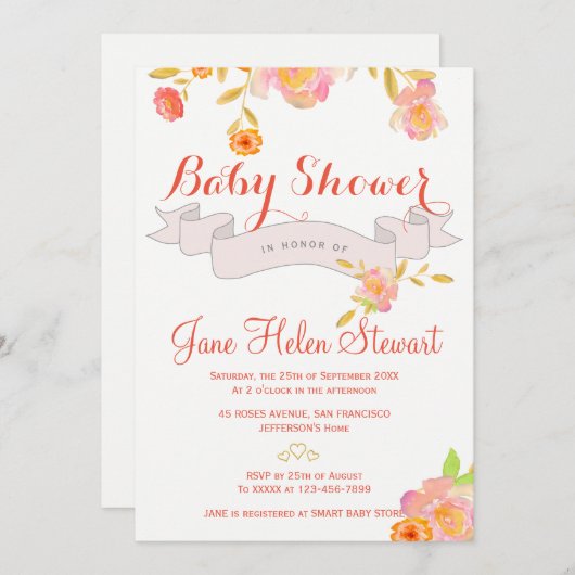 Invitation Ruban d'aquarelle rouge corail (Devant / Derrière)