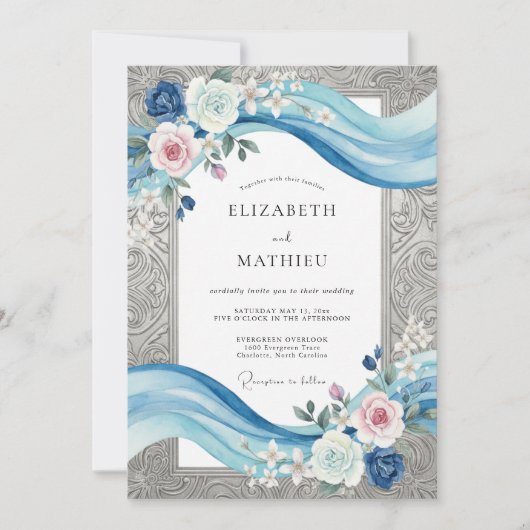Invitation Ruban de Bleuet d'Argent Mariage Eucalyptus (Devant)