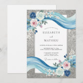 Invitation Ruban de Bleuet d'Argent Mariage Eucalyptus (Devant / Derrière)