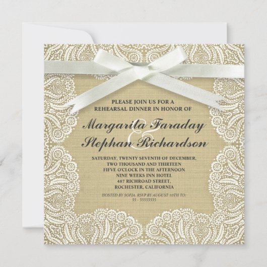 Invitation ruban de dentelle et dîner rustique de répétition (Devant)