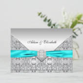 Invitation Ruban de diamant en dentelle bleu sarcelle Mariage (Debout devant)
