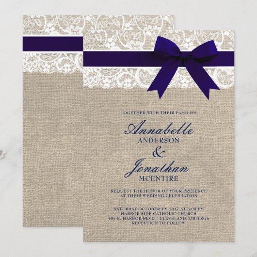 Invitation Ruban de la marine sur Burlap et dentelle Mariage  (Devant / Derrière)