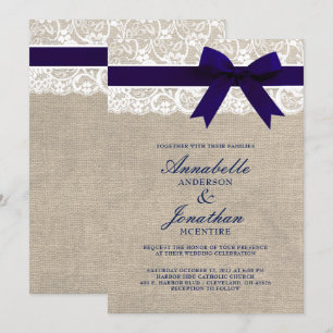 Invitation Ruban de la marine sur Burlap et dentelle Mariage 
