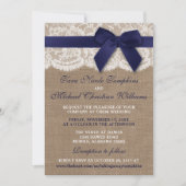Invitation Ruban de la marine sur Burlap et Mariage de dentel (Devant)