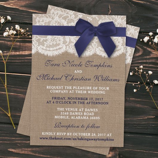 Invitation Ruban de la marine sur Burlap et Mariage de dentel