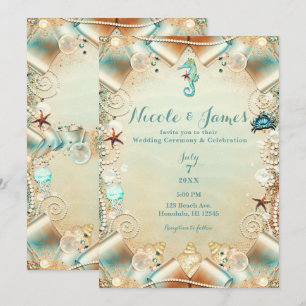 Invitation Ruban de mariage Perles de mer sous crème enchanté