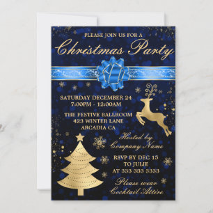 Invitation Ruban de Noël élégant bleu et or à motif de feuill