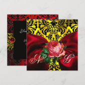 INVITATION RUBAN DE ROSE ROUGE OR JAUNE NOIR DAMAS MONOGRAMME (Devant / Derrière)