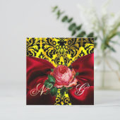 INVITATION RUBAN DE ROSE ROUGE OR JAUNE NOIR DAMAS MONOGRAMME (Debout devant)