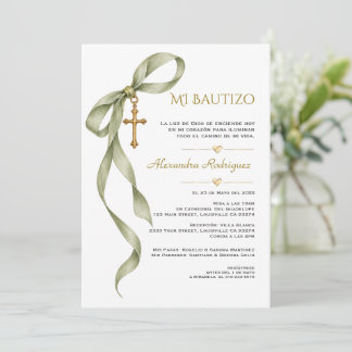 Invitation Ruban de sauge doré Croix Baptême Espagnol Bautizo