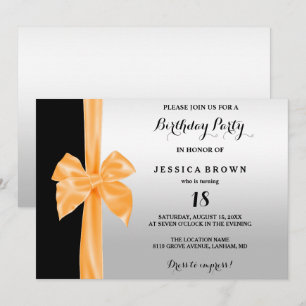 Invitation Ruban de soie romantique Argent et Noir 18e Annive