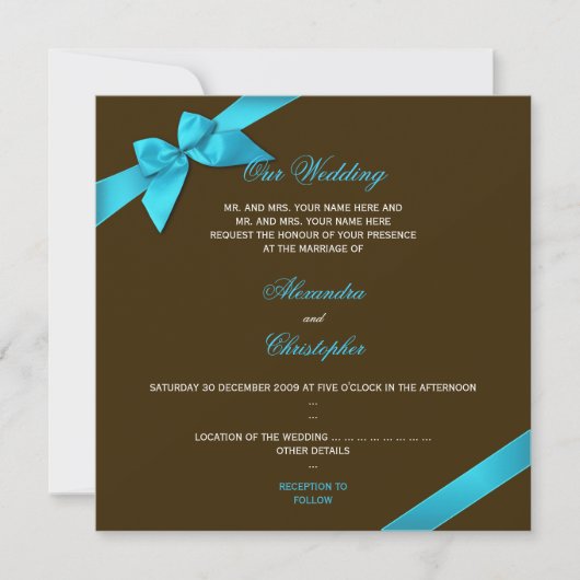 Invitation Ruban de Turquiose sur Mariage Brown au chocolat (Devant)