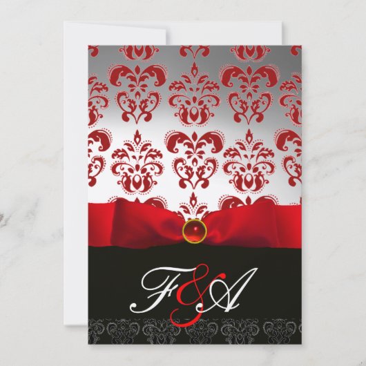 Invitation RUBAN D'OR ROUGE & MONOGRAMME EN DAMAS NOIR Rubis (Devant)