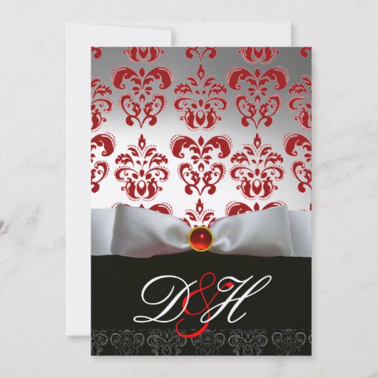 Invitation RUBAN D'OR ROUGE & MONOGRAMME EN DAMAS NOIR Ruby (Devant)