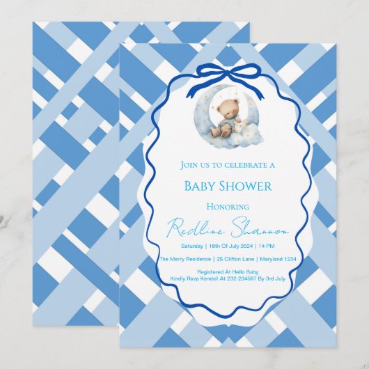 Invitation Ruban d'ours de douche bébé garçon carreaux bleus (Devant / Derrière)